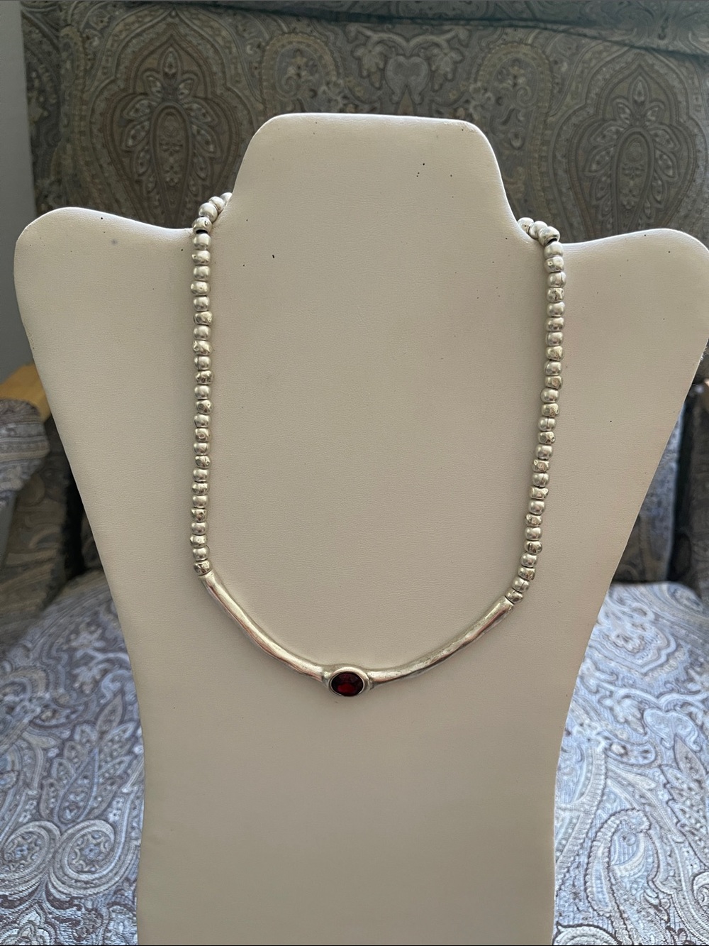 Silver Plated Beaded Necklace with Red Gem Accent